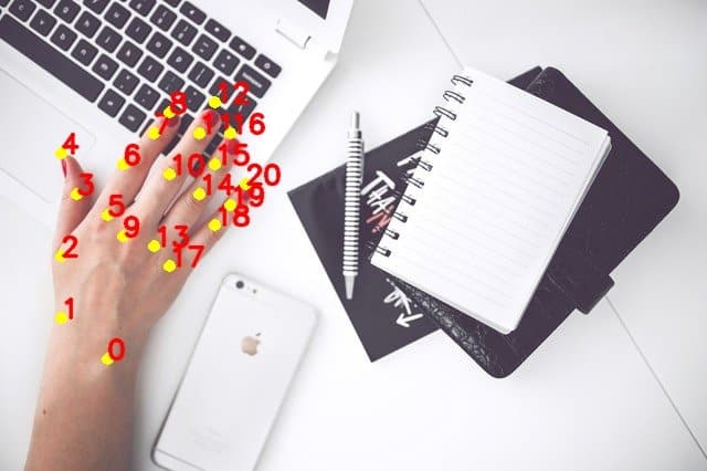 hand-output-Keypoints – LearnOpenCV Output of code. Keypoints are marked and numbered on original image.