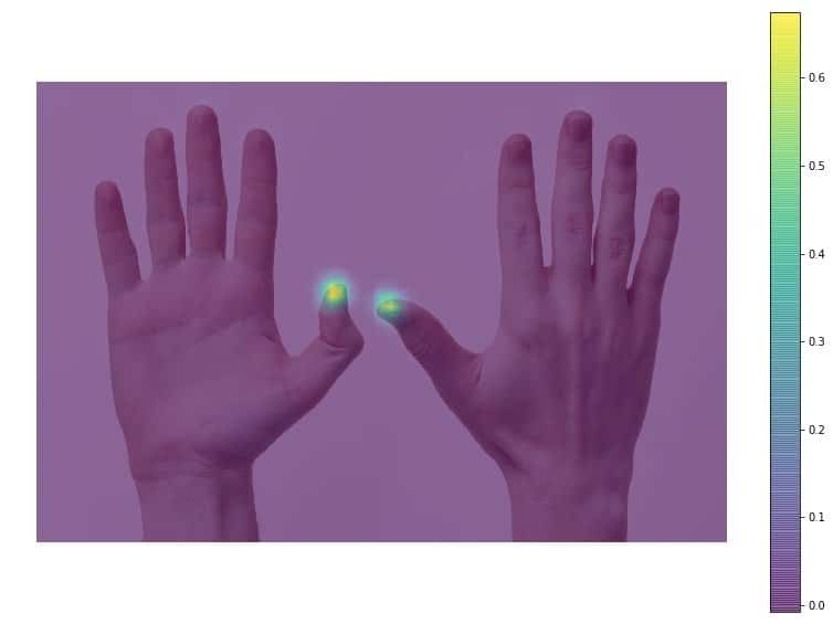 handpose-heatmap-thumbtip – LearnOpenCV Image with probability heatmap of thumb tip superimposed on original image.